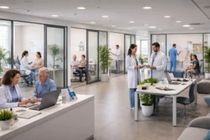 Espaço de coworking da saúde moderno, com clínicas de especialidades compartilhadas, profissionais da área médica em atendimento e ambientes integrados, bem iluminados e organizados.